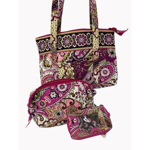 Vera Bradley Very Berry Paisley 3pc Set Shoulder Bag Cosmetic Case Mini Wallet